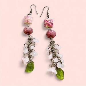 Pink and Green Beaded Dangle Earrings